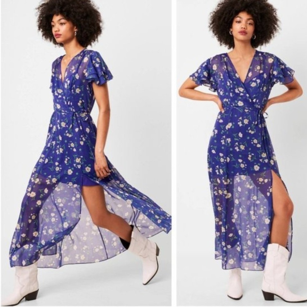 French Connection Jasmine Chiffon Floral Faux Wrap Maxi Dress Blue Size 12 NWT